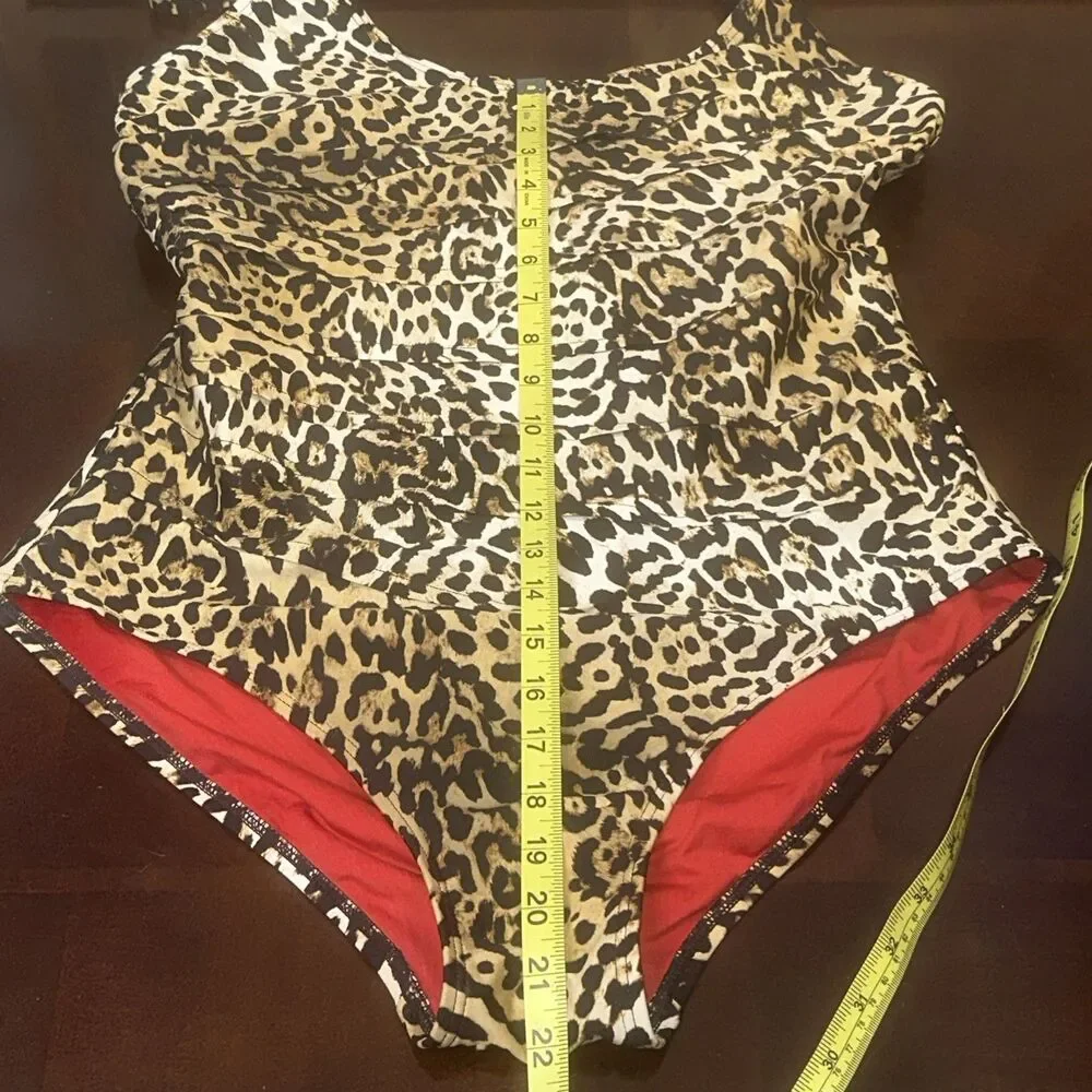 DKNY Leopard Print One Piece Swimsuit Womens Tiered Ruffle Brown XL - Picture 6 of 10